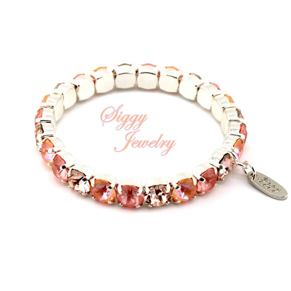 Flamingo Glow Peach and Pink Crystal Stretch Bracelet Made with Austrian Crystal - Picture 1 of 9